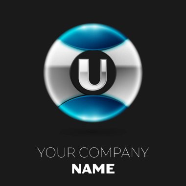 Gerçekçi gümüş harf U logo sembol siyah arka plan üzerine gümüş-mavi renkli daire şeklinde. Tasarımınız için vektör şablonu