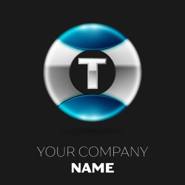 Gerçekçi gümüş mektup T logo sembol siyah arka plan üzerine gümüş-mavi renkli daire şeklinde. Tasarımınız için vektör şablonu