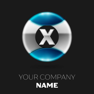 Gerçekçi gümüş harf X logo sembol siyah arka plan üzerine gümüş-mavi renkli daire şeklinde. Tasarımınız için vektör şablonu