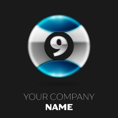 Gerçekçi gümüş Number Nine logo sembol siyah arka plan üzerine gümüş-mavi renkli daire şeklinde. Tasarımınız için vektör şablonu
