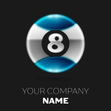 Gerçekçi gümüş sekiz numara logo sembol siyah arka plan üzerine gümüş-mavi renkli daire şeklinde. Tasarımınız için vektör şablonu
