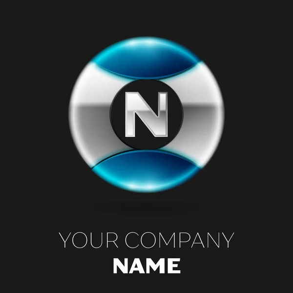Realistyczny symbol logo srebrny litery N w Srebrno niebieski kolorowy koło kształt na czarnym tle. Wektor szablon dla Twojego projektu — Wektor stockowy