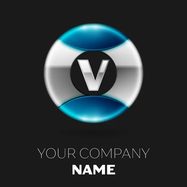 Reális ezüst levél V logo szimbólum az ezüst-kék színes kör alakú, fekete háttér. A design vektor sablon — Stock Vector