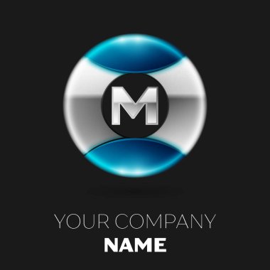 Gerçekçi gümüş harf M logo sembol siyah arka plan üzerine gümüş-mavi renkli daire şeklinde. Tasarımınız için vektör şablonu