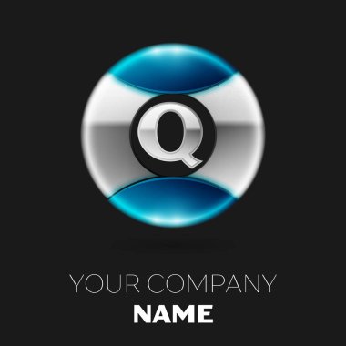 Gerçekçi gümüş harf Q logo sembol siyah arka plan üzerine gümüş-mavi renkli daire şeklinde. Tasarımınız için vektör şablonu