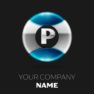 Gerçekçi gümüş harf P logo sembol siyah arka plan üzerine gümüş-mavi renkli daire şeklinde. Tasarımınız için vektör şablonu