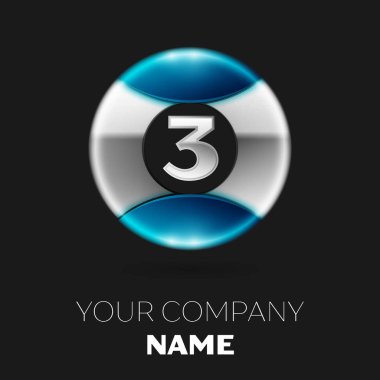 Gerçekçi gümüş üç numara logo sembol siyah arka plan üzerine gümüş-mavi renkli daire şeklinde. Tasarımınız için vektör şablonu