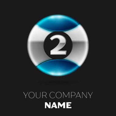 Gerçekçi gümüş iki numara logo sembol siyah arka plan üzerine gümüş-mavi renkli daire şeklinde. Tasarımınız için vektör şablonu