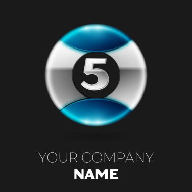Gerçekçi gümüş beş numara logo sembol siyah arka plan üzerine gümüş-mavi renkli daire şeklinde. Tasarımınız için vektör şablonu
