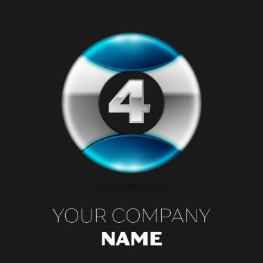 Gerçekçi gümüş dört numara logo sembol siyah arka plan üzerine gümüş-mavi renkli daire şeklinde. Tasarımınız için vektör şablonu