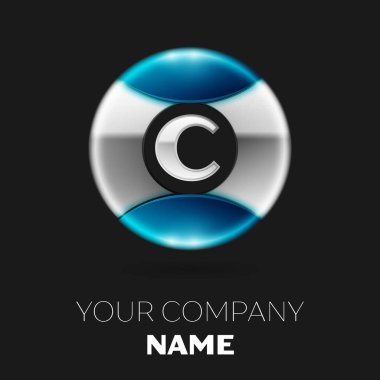 Gerçekçi gümüş harf C logo sembol siyah arka plan üzerine gümüş-mavi renkli daire şeklinde. Tasarımınız için vektör şablonu