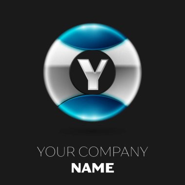 Gerçekçi gümüş harf Y logo sembol siyah arka plan üzerine gümüş-mavi renkli daire şeklinde. Tasarımınız için vektör şablonu