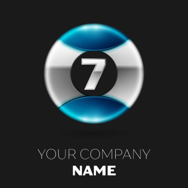 Gerçekçi gümüş yedi numara logo sembol siyah arka plan üzerine gümüş-mavi renkli daire şeklinde. Tasarımınız için vektör şablonu