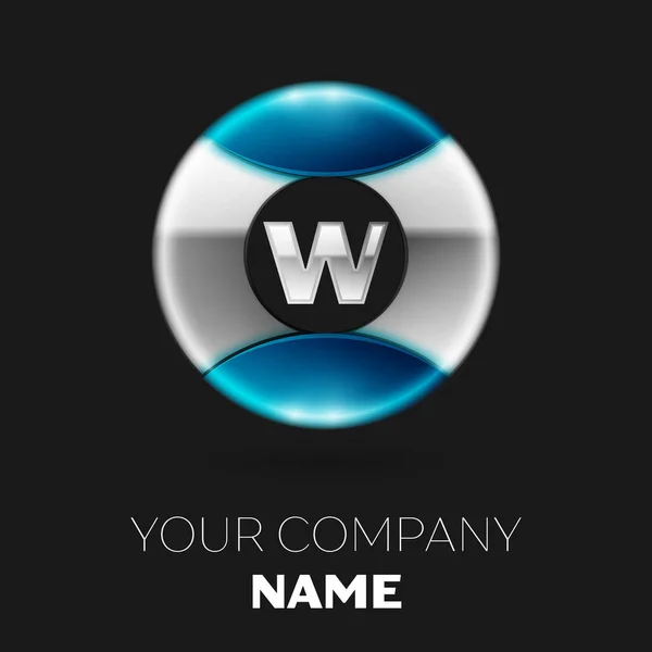 Gerçekçi gümüş harf W logo sembol siyah arka plan üzerine gümüş-mavi renkli daire şeklinde. Tasarımınız için vektör şablonu — Stok Vektör