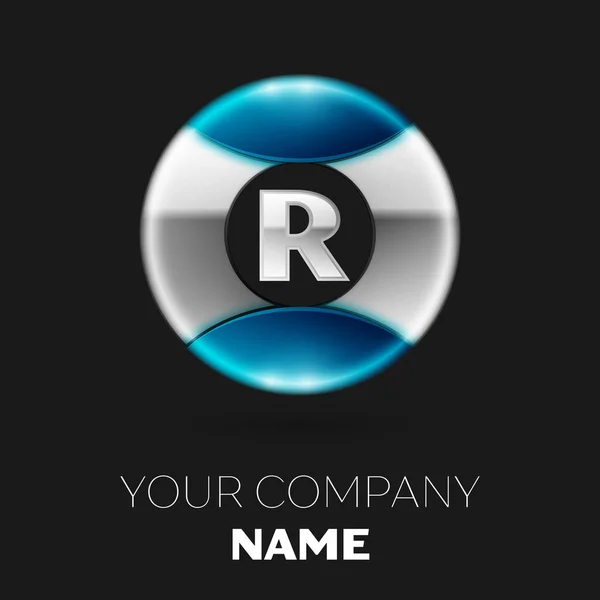 Reális ezüst betű R logo szimbólum az ezüst-kék színes kör alakú, fekete háttér. A design vektor sablon — Stock Vector