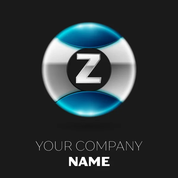 Realistic Silver Letter Z logo symbol in the silver-blue colorful circle shape on black background. Vector template for your design — Stock Vector