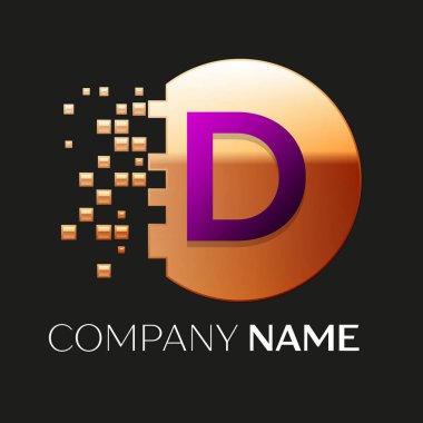 Gerçekçi mor mektup D logo sembol siyah arka plan üzerine parçalanmış bloklarla altın renkli piksel daire şeklinde. Tasarımınız için vektör şablonu