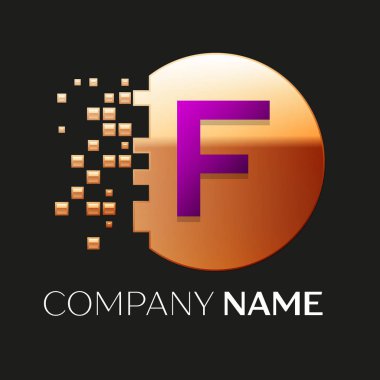 Gerçekçi mor harfi F logo sembol siyah arka plan üzerine parçalanmış bloklarla altın renkli piksel daire şeklinde. Tasarımınız için vektör şablonu