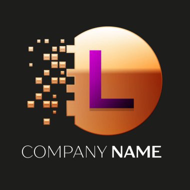 Gerçekçi mor mektup L logo sembol siyah arka plan üzerine parçalanmış bloklarla altın renkli piksel daire şeklinde. Tasarımınız için vektör şablonu
