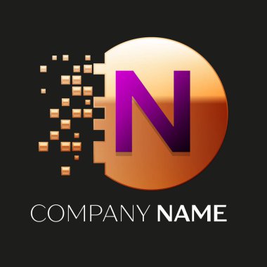 Gerçekçi mor harf N logo sembol siyah arka plan üzerine parçalanmış bloklarla altın renkli piksel daire şeklinde. Tasarımınız için vektör şablonu