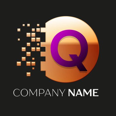 Gerçekçi mor harf Q logo sembol siyah arka plan üzerine parçalanmış bloklarla altın renkli piksel daire şeklinde. Tasarımınız için vektör şablonu