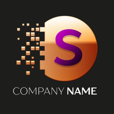 Gerçekçi mor S harfi logo sembol siyah arka plan üzerine parçalanmış bloklarla altın renkli piksel daire şeklinde. Tasarımınız için vektör şablonu