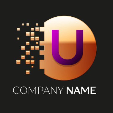 Gerçekçi mor harf U logo sembol siyah arka plan üzerine parçalanmış bloklarla altın renkli piksel daire şeklinde. Tasarımınız için vektör şablonu