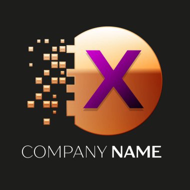 Gerçekçi mor mektup X logo sembol siyah arka plan üzerine parçalanmış bloklarla altın renkli piksel daire şeklinde. Tasarımınız için vektör şablonu