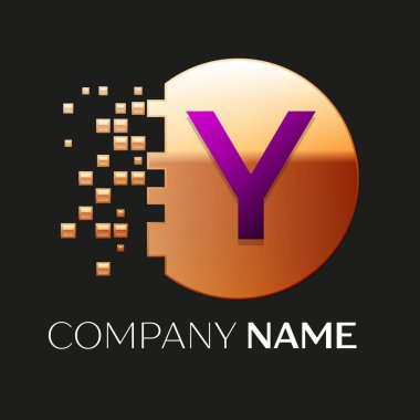 Gerçekçi mor mektup Y logo sembol siyah arka plan üzerine parçalanmış bloklarla altın renkli piksel daire şeklinde. Tasarımınız için vektör şablonu