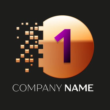 Gerçekçi mor bir logo sembol siyah arka plan üzerine parçalanmış bloklarla altın renkli piksel daire şeklinde. Tasarımınız için vektör şablonu