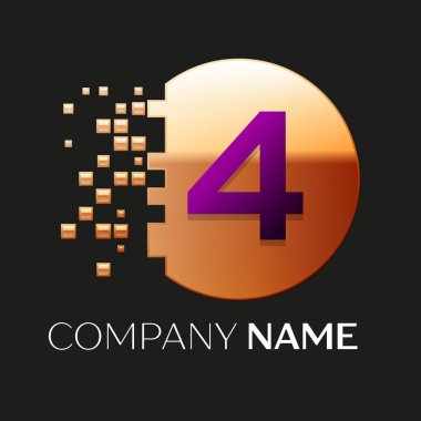 Gerçekçi mor dört numara logo sembol siyah arka plan üzerine parçalanmış bloklarla altın renkli piksel daire şeklinde. Tasarımınız için vektör şablonu