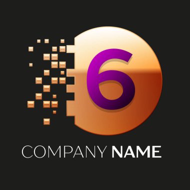 Gerçekçi mor altı numara logo sembol siyah arka plan üzerine parçalanmış bloklarla altın renkli piksel daire şeklinde. Tasarımınız için vektör şablonu