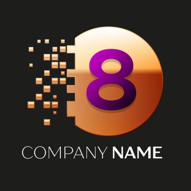 Gerçekçi mor sekiz numara logo sembol siyah arka plan üzerine parçalanmış bloklarla altın renkli piksel daire şeklinde. Tasarımınız için vektör şablonu