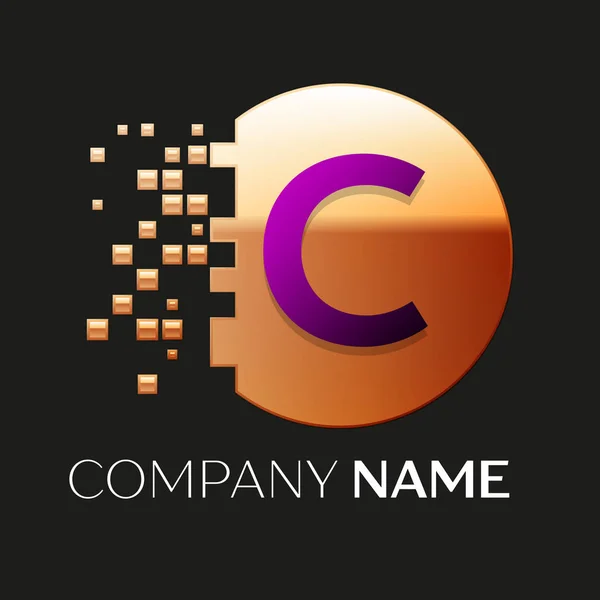 Realistic Purple Letter C logo symbol in the golden colorful pixel circle shape with shattered blocks on black background. Modelo de vetor para o seu projeto —  Vetores de Stock