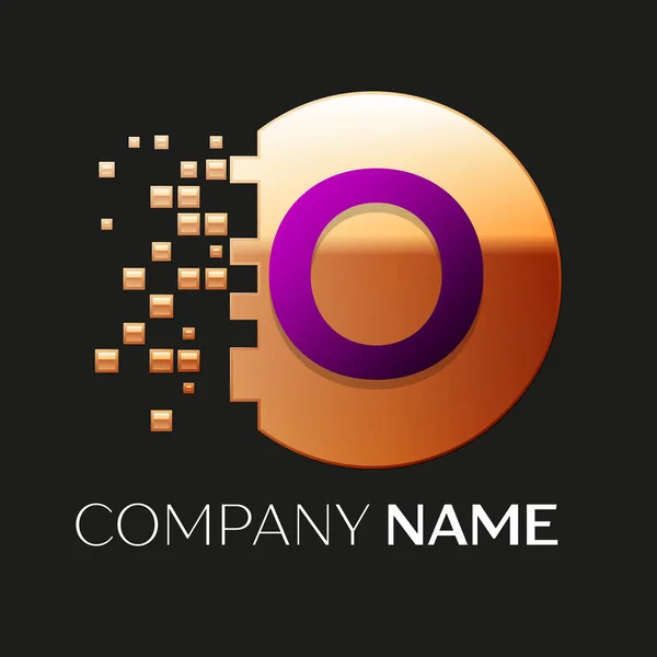 Logo logo Purple Letter O realistis dalam bentuk lingkaran pixel berwarna emas dengan blok hancur pada latar belakang hitam. Templat vektor untuk desain Anda - Stok Vektor