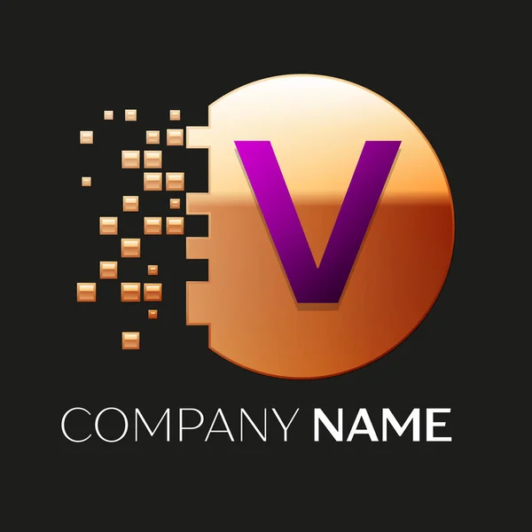 Символ логотипа - фиолетовая буква V в форме золотого колоритного круга с блестками на черном фоне. Векторный шаблон для Вашего дизайна — стоковый вектор
