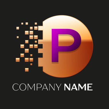 Gerçekçi mor mektup P logo sembol siyah arka plan üzerine parçalanmış bloklarla altın renkli piksel daire şeklinde. Tasarımınız için vektör şablonu