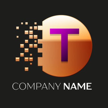 Gerçekçi mor mektup T logo sembol siyah arka plan üzerine parçalanmış bloklarla altın renkli piksel daire şeklinde. Tasarımınız için vektör şablonu