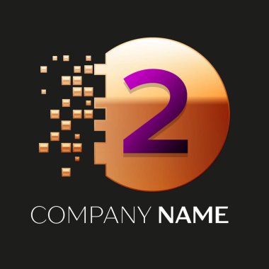 Gerçekçi mor iki numara logo sembol siyah arka plan üzerine parçalanmış bloklarla altın renkli piksel daire şeklinde. Tasarımınız için vektör şablonu