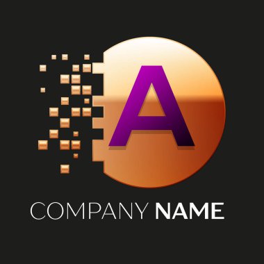 Gerçekçi mor altın renkli piksel bir logo simge daire şekli ile mektup bloklar siyah arka plan üzerinde paramparça. Tasarımınız için vektör şablonu