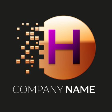 Gerçekçi mor H harfi logo sembol siyah arka plan üzerine parçalanmış bloklarla altın renkli piksel daire şeklinde. Tasarımınız için vektör şablonu