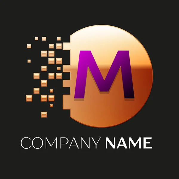 Realistiska lila brev M logotyp symbol i gyllene färgglada pixel cirkel formen med krossade block på svart bakgrund. Vector mall för din design — Stock vektor