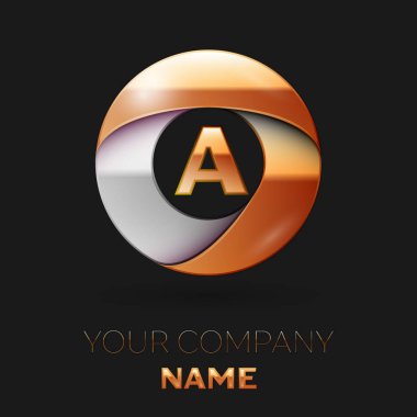 Gerçekçi altın harf logo sembol siyah arka plan üzerinde renkli altın-gümüş daire şeklinde. Tasarımınız için vektör şablonu