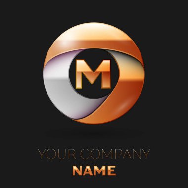 Gerçekçi altın harf M logo sembol siyah arka plan üzerinde renkli altın-gümüş daire şeklinde. Tasarımınız için vektör şablonu
