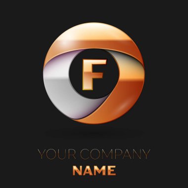 Gerçekçi altın harf F logo sembol siyah arka plan üzerinde renkli altın-gümüş daire şeklinde. Tasarımınız için vektör şablonu