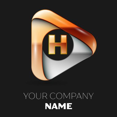 Gerçekçi altın H harfi logo sembol siyah zemin üzerine altın-gümüş üçgen şeklinde. Tasarımınız için vektör şablonu