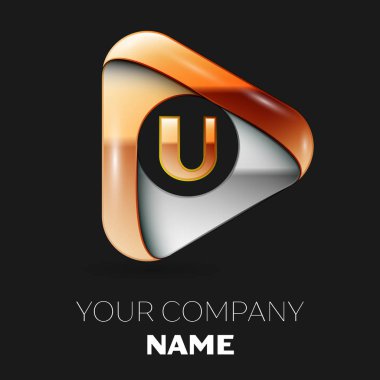 Gerçekçi altın harf U logo sembol siyah zemin üzerine altın-gümüş üçgen şeklinde. Tasarımınız için vektör şablonu