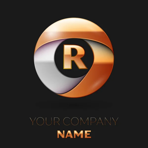 Realista símbolo del logotipo de la letra R dorada en forma de círculo dorado-plateado sobre fondo negro. Plantilla vectorial para su diseño — Vector de stock