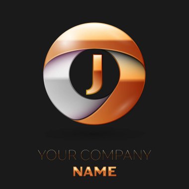 Gerçekçi altın harf J logo sembol siyah arka plan üzerinde renkli altın-gümüş daire şeklinde. Tasarımınız için vektör şablonu
