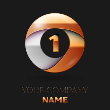 Gerçekçi bir logo sembol siyah arka plan üzerinde renkli altın-gümüş daire şeklinde. Tasarımınız için vektör şablonu